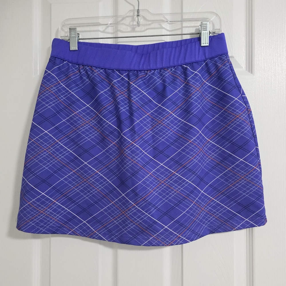 Womens Large Pebble Beach Performance Purple and Orange Plaid Pull-on Skort